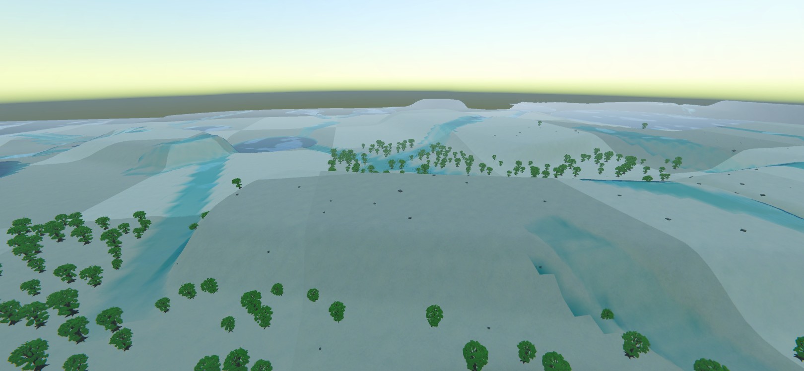 Vast Worldis winter landscape with rivers and scattered forests seen from above